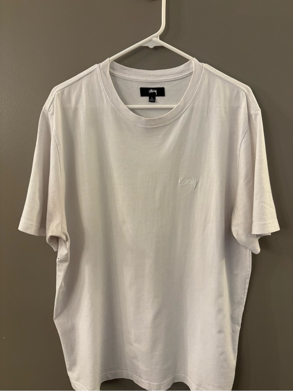 Stussy White Crewneck T-Shirt with Subtle Embroidered Logo